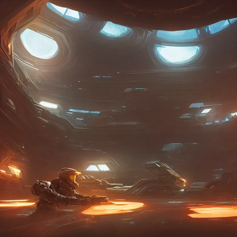 Image similar to halo 3 interiors, beautiful lighting, vivid colors, intricate, elegant, smooth, sharp focus, highly detailed digital painting, concept art, cinematic, unreal engine, 4 k wallpaper, art by syd mead, terada katsuya, atey ghailan, svetlin velinov, cgsociety, artstation trending