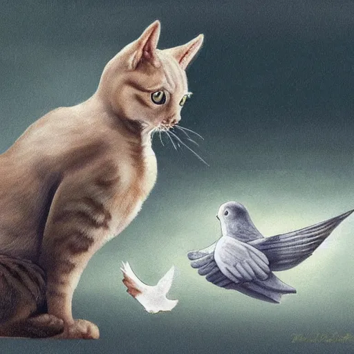 Image similar to cat playing with the dove of peace, photorealistic, detailed