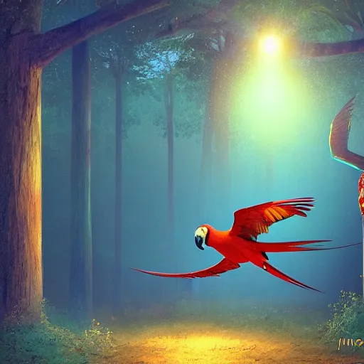 Prompt: gorgeous macaws flying at dawn through the forest get hit by beautiful light, amazon in the background, sentient bird, highly detailed, ethereal macaw, heavenly lighting, digital art, trending on art station