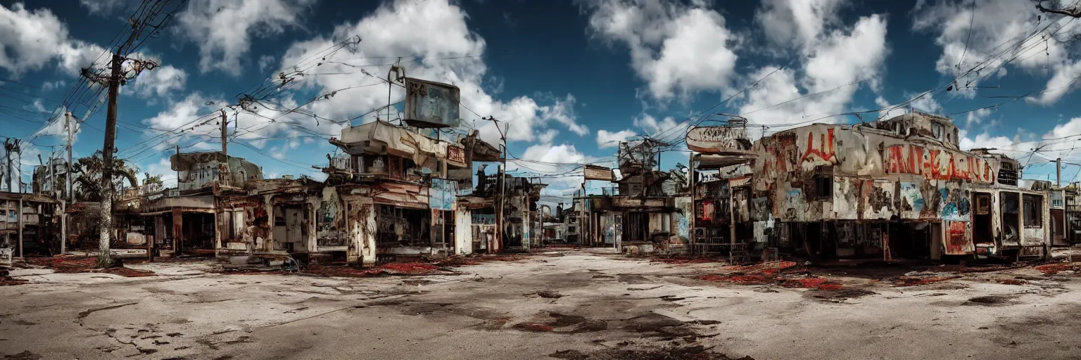 Image similar to low wide angle shot of dilapidated fallout 5 miami, tropical coastal cityscape, desolate, dilapidated neon signs, few rusted retro futuristic vintage parked vehicles like cars, buses, trucks, trams, sunny weather, few clouds, volumetric lighting, photorealistic, daytime, spring, sharp focus, ultra detailed, 4 0 0 0 k