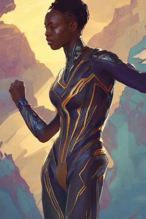 Image similar to wakanda suit queen global illumination ray tracing hdr fanart arstation concept art, matte, art by wlop and artgerm and greg rutkowski and alphonse mucha