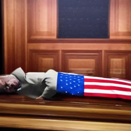 Image similar to sad dead Putin lies in a coffin. dramatic lighting, award winning studio photo