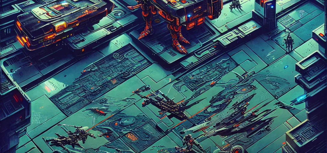 Prompt: cyberpunk mech tiled floor, aerial one point perspective, high details, line art, by vincent di fate and joe fenton, inking, screen print, masterpiece, trending on artstation, sharp,, hyper - detailed, hd, 4 k, 8 k