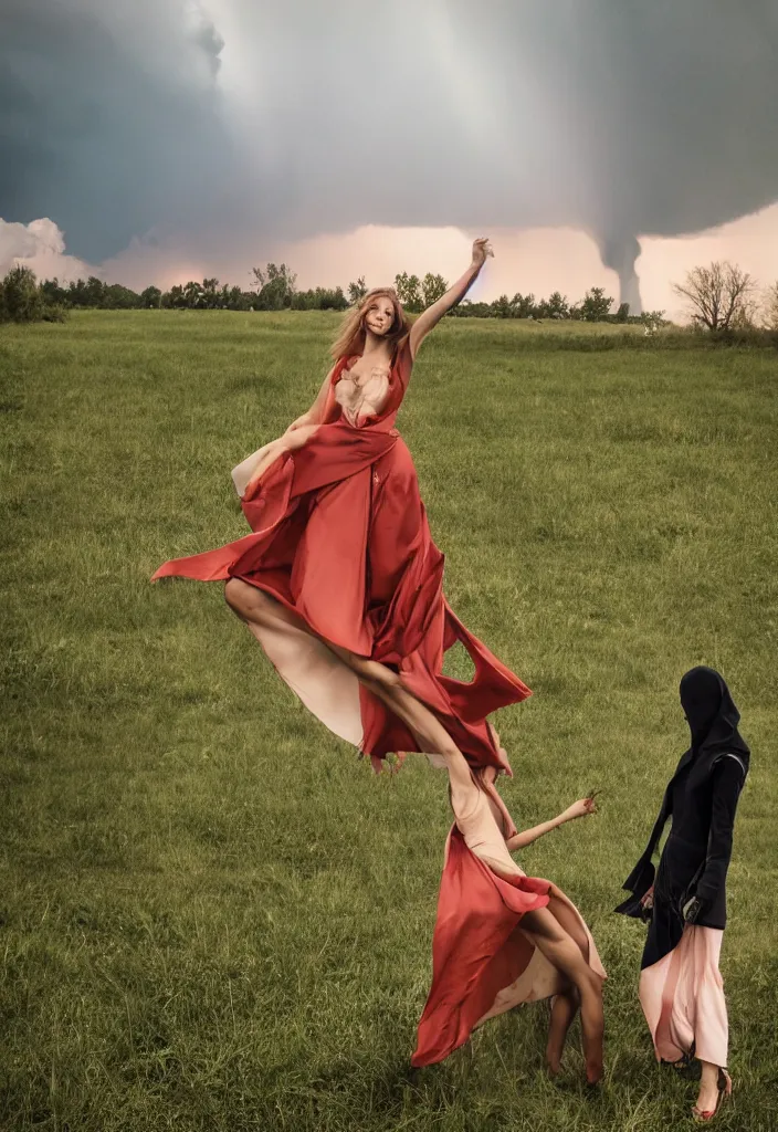 Image similar to fashion editorial in front of tornado storm on a field.