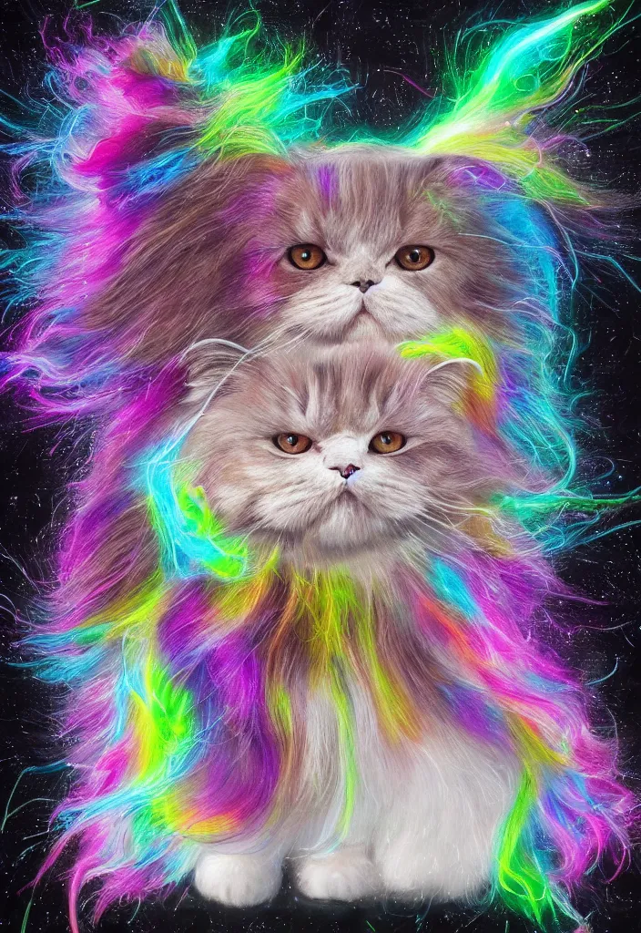 Image similar to longhair floof fluffy coiffed elegant gorgeously cfa champion cute pretty scottish fold cat, radiant with data visualization mathematical diagrams hologram overlay revealing a complex inner mechanations, detailed painting, grisaille dark monochrome with neon fluorescent color airbrush spraypaint accents, by jules julien, wes anderson, lisa frank, basquiat, octane render 4 k