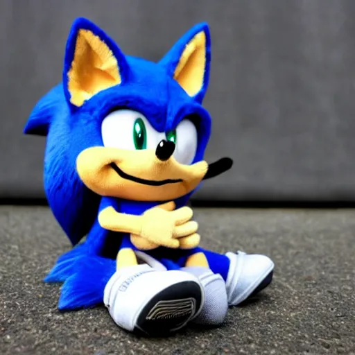 Image similar to Plush doll of Sonic the Hedgehog sitting in Vancouver during the morning, 8K, cute, looks soft, high quality, HD resolution