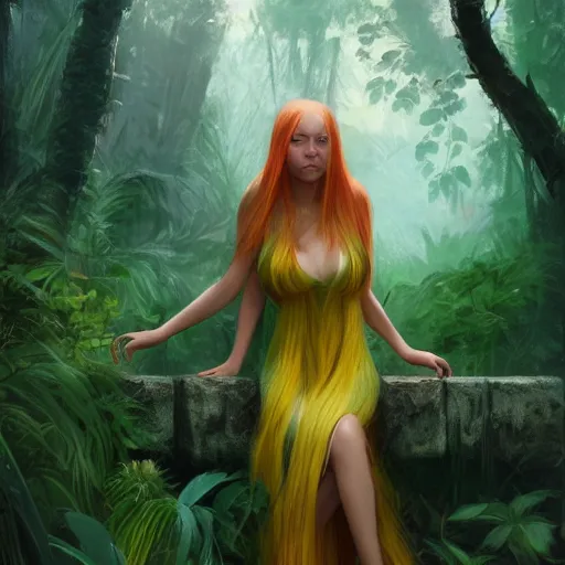 Prompt: wizard girl with long yellow hair wearing a dress in a jungle, beautiful girl, digital art, drawing, by artgerm, by wlop, by jeremy lipking, by greg rutkowski, trending on artstation, octane render, anime style