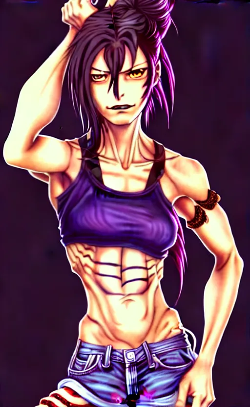 Image similar to a portrait of revy from black lagoon, dilraba dilmurarevy, smirk, black tank top, jean shorts, brown eyes, purple hair, tribal tattoos right arm sleeve, symmetrical eyes, symmetrical face, art by lois van baarle and loish and ross tran and rossdraws and sam yang and artgerm