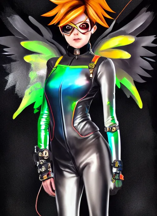 Image similar to portrait digital artwork of tracer overwatch, wearing iridescent rainbow latex and leather straps catsuit outfit, in style of mark arian, angel wings, dramatic painting, wearing detailed leather collar, chains, black harness, detailed face and eyes,