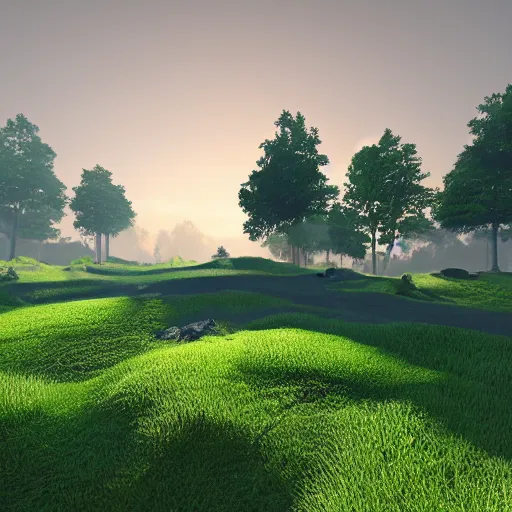 Prompt: green and healthy terrain, enveloping nature, colored point lights, volumetric lighting, unreal engine, 8K,