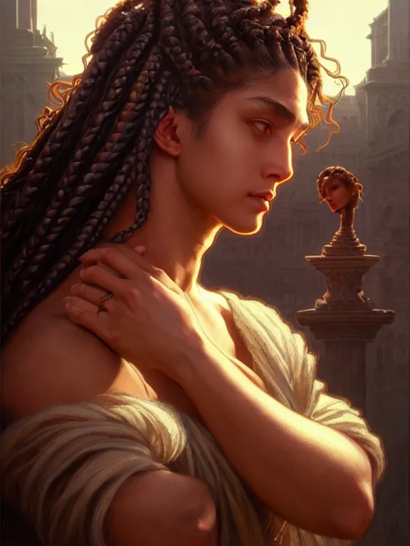 Prompt: samson and delilah, samson has seven braids, coveted, beautiful and aesthetic, intricate, unreal engine, messy hair, highly detailed, detailed face, smooth, sharp focus, chiaroscuro, renaissance illustration, artgerm, greg rutkowski, ilya kuvshinov, rossdraws, alphonse mucha, young adult light novel cover art