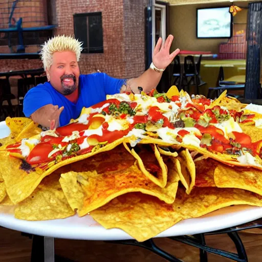 Prompt: guy fieri sitting on a plate of large nachos doing yoga