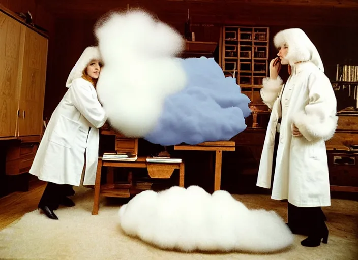 Image similar to realistic photo of a two medieval female scientists wearing white cotton jackets, watching at a levitating fluffy furry cloud, living room laboratory interior is made of wood 1 9 9 0, life magazine reportage photo, natural colors