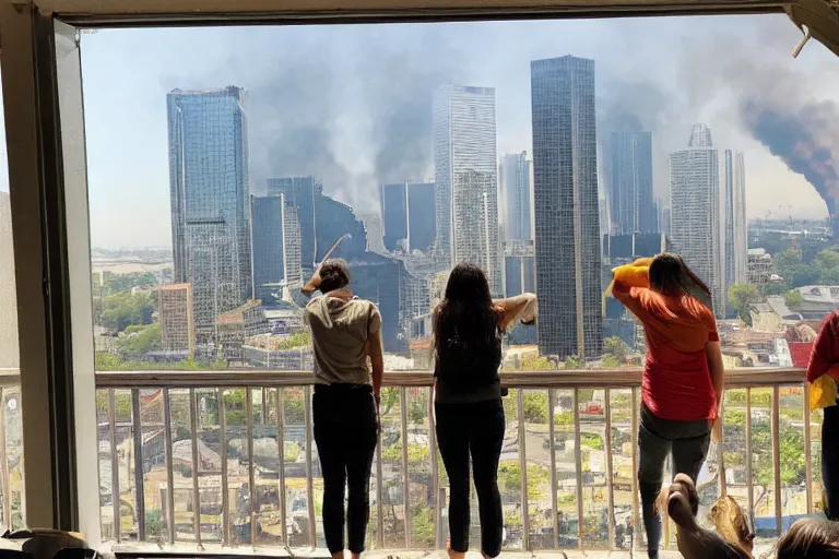 Prompt: a picture of us wasted eating taco and looking outside bay windows and seeing our utopian city burning as meteorites crash into skyscrapers, attention grabbing, golden hour, award winning