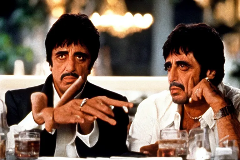 Prompt: tony montana from movie scarface 1 9 8 3 sitting behind a big black oak table with big large packages of flour. long shot. al pacino. perfect symmetric face, coherent eyes, fine details, 4 k, ron cobb, cinestill. last scene from scarface movie