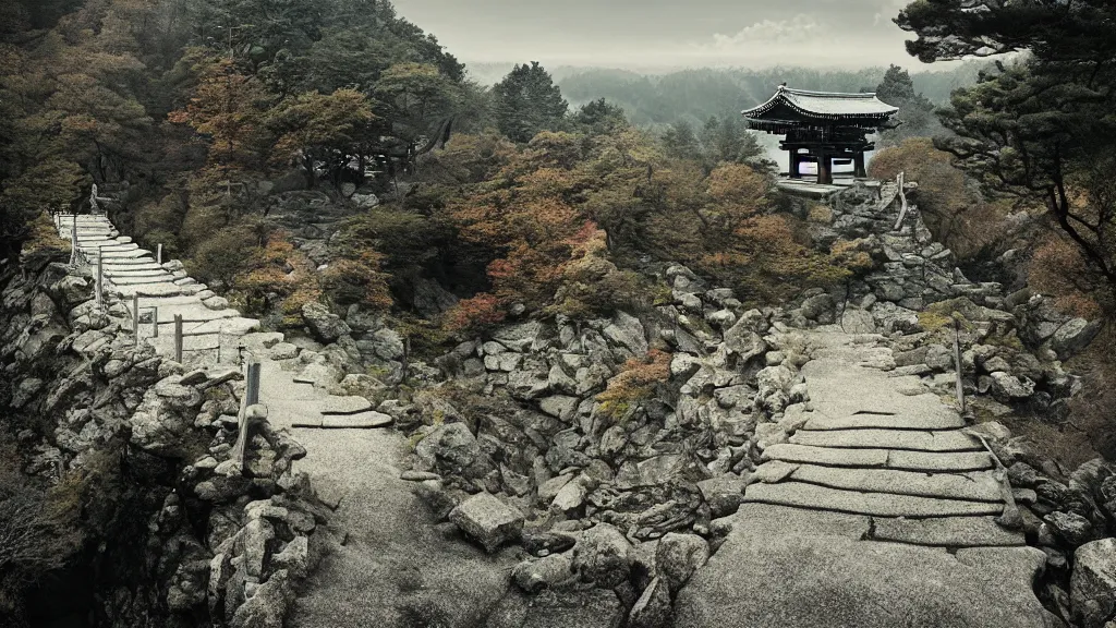 Prompt: a shinto gate atop a stone stairway on a mountain, photography by michal karcz and zhang kechun