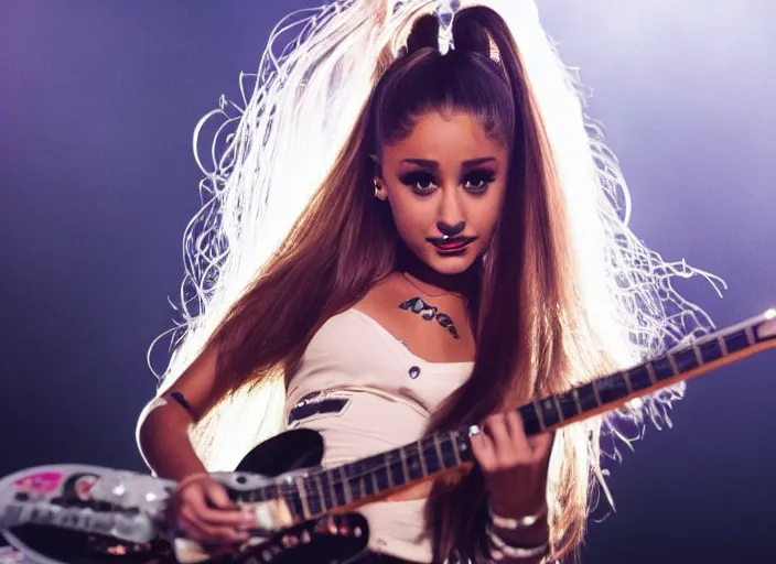 Image similar to ariana grande as a heavy metal guitarist in a band with heavy makeup, shredding on a guitar, live in concert, award winning photo, 8 k, moody lighting