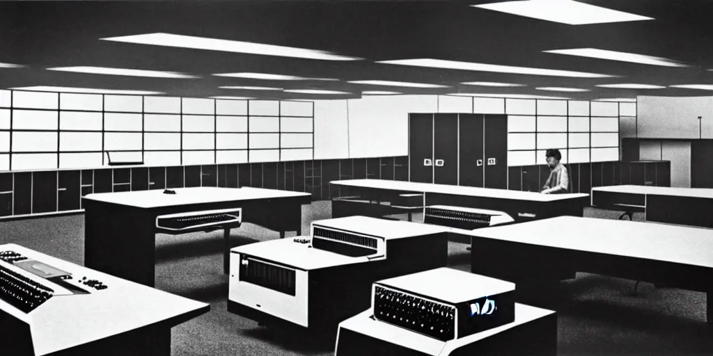 Image similar to a large 1970's computing room with 9-track machines and glowing screens. by IBM by Amdahl.