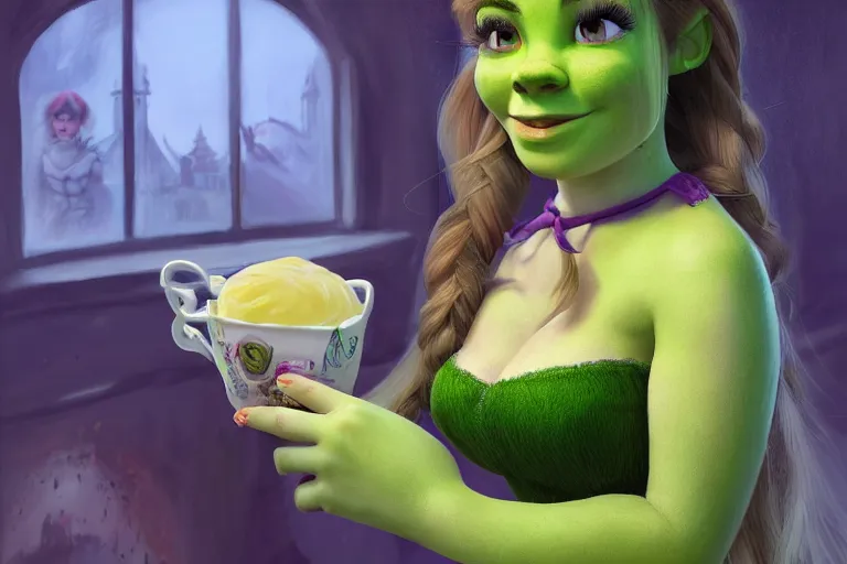 Image similar to belle delphine as shrek, cinematic chiaroscuro, photorealistic, unreal engine, artwork woman by Ross Tran