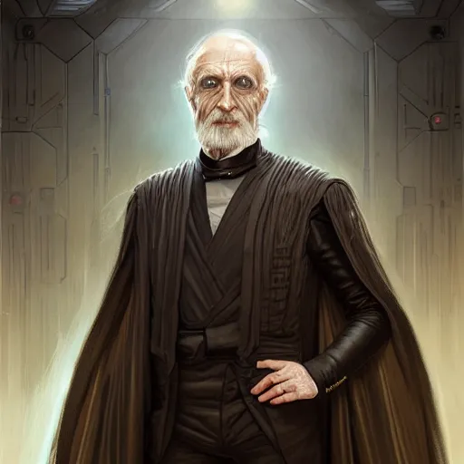 Image similar to star wars comic book style portrait painting of an old thin wispy man with a mean intelligent face, and futuristic victorian clothing, standing in front of a computer simulation, sci - fi, intricate, elegant, highly detailed, digital painting, artstation, concept art, matte, sharp focus, illustration, art by artgerm and greg rutkowski and jim burns