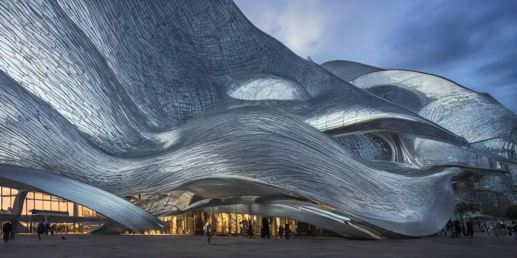 Image similar to extremely detailed ornate stunning sophisticated beautiful elegant futuristic museum exterior by Zaha Hadid, Milan buildings in the background, smooth curvilinear design, stunning volumetric light, stainless steal, concrete, translucent material, beautiful sunset, tail lights