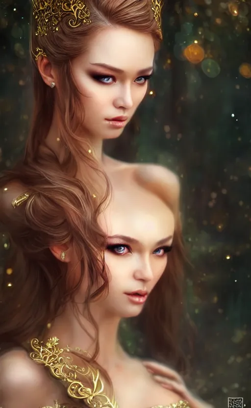 Image similar to a fantasy photo of gorgeous russian female, evening gown, bokeh, medium shot, beautiful face, professionally retouched, soft lighting, realistic, smooth face, perfect eyes, sharp focus, 8 k realistic high definition, insanely detailed, intricate, elegant, art by artgerm and kyoung hwan kim