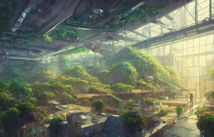 Prompt: concept art of a lush indoor hydroponics lab in a far - future utopian city, key visual, ambient lighting, highly detailed, digital painting, artstation, concept art, sharp focus, by makoto shinkai and akihiko yoshida and hidari and wlop