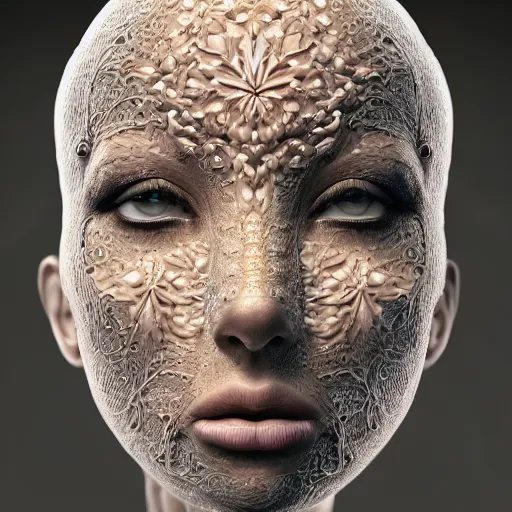 Image similar to beatifull frontal face portrait of a woman, 150mm, anatomical, flesh, flowers, mandelbrot fractal, symmetric, intricate, elegant, highly detailed, ornate, ornament, sculpture, elegant , luxury, beautifully lit, ray trace, octane render in the style of peter Gric and alex grey