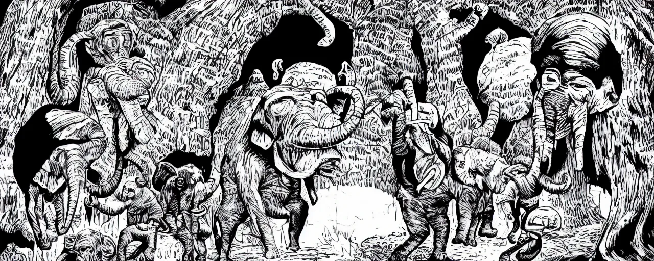 Prompt: the chimpanzee globe trotters go to an elephant wonderland inside the hollow earth where emotions are math and math is love, black and white in the style of jim woodring