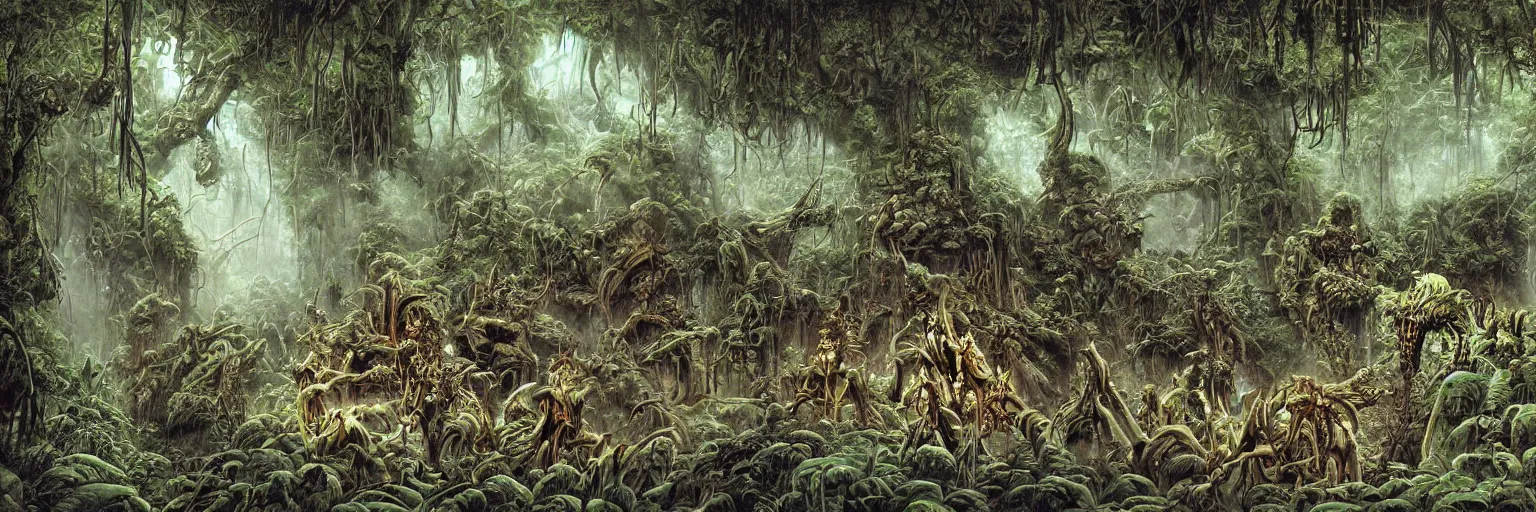 Image similar to underground cave on an exotic alien planet with a jungle canopy of antler trees in the background, leafy overgrowth, insectile weeds, demon faces, skulls, by ian miller, rodney matthews and al feldstein, photorealistic render