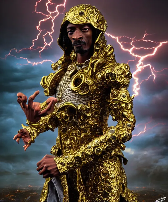 Prompt: hyperrealistic rendering, epic boss battle, ornate supreme snoop dogg, jewel crown, battle armor, by art of skinner and richard corben and artgerm and greg rutkowski and alphonse mucha, product photography, action figure, sofubi, storm clouds, outside, lightning