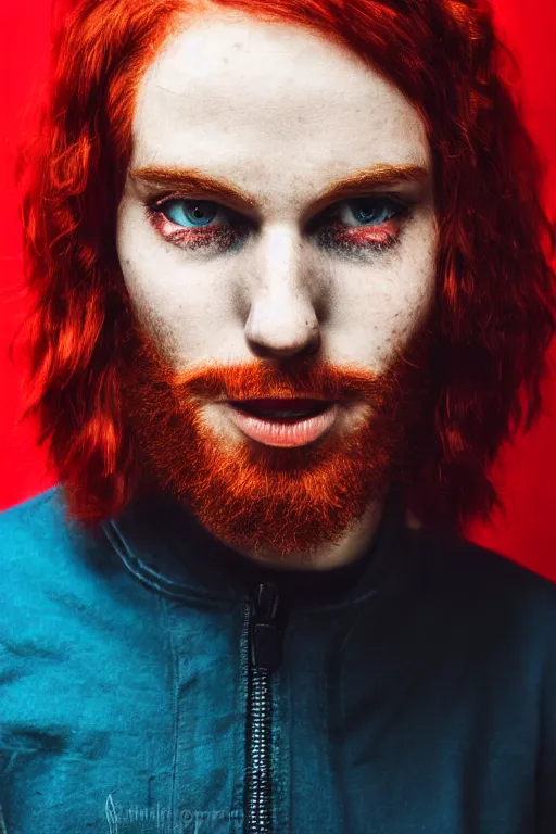 Prompt: Realistic portrait red-haired of a male 25-25 years old in cyberpunk style, dirty blue eyes with flicking, triangular eyebrows, hipster beard, realism 8K, photo