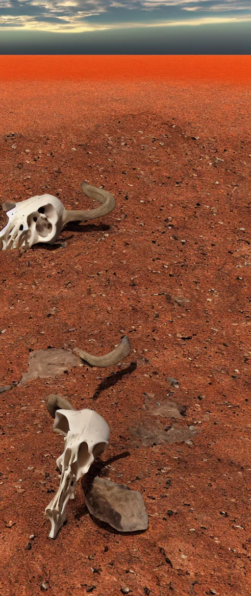 Image similar to a cow skull in the middle of a scolding desert, realistic, 4 k, ultra detail, rocky desert, cow skull, hot, orange soil