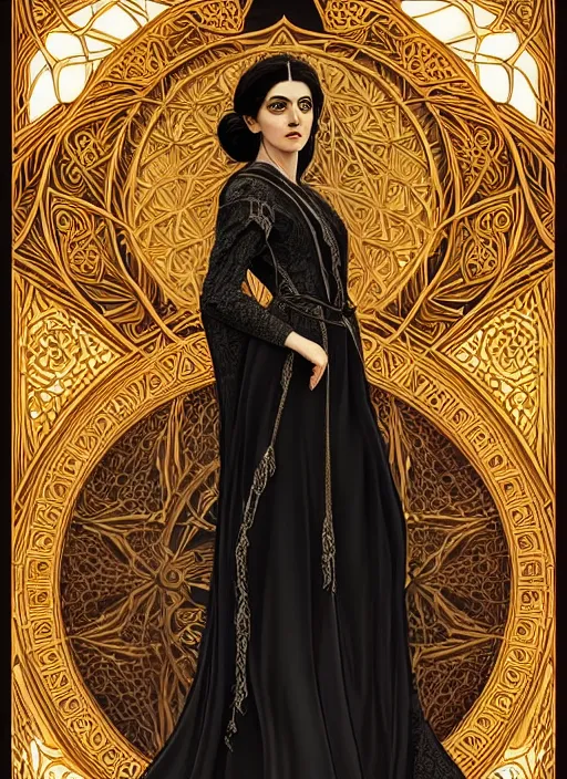 Prompt: centered portrait, Maya Ali as a D&D sorcerer, black hair, intricate robes, Art Nouveau, beautiful retro Fantasy heroine 1985, intricate, elegant, highly detailed, centered, digital painting, trending on artstation, concept art, smooth, sharp focus, illustration, art by raphael lacoste, eddie mendoza, Mucha, alex ross, WLOP