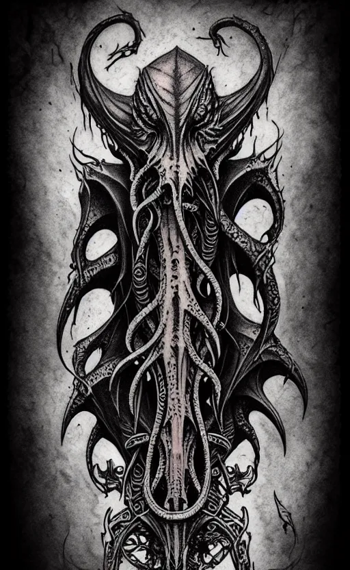 Image similar to tattoo flash art cthulhu by greg rutkowski, by giger, by maxim verehin