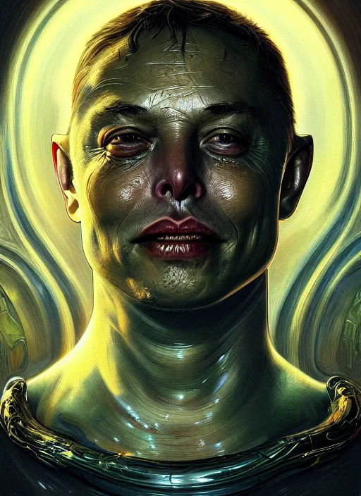 Image similar to elon musk as slimy mollusk, drool, portrait, intricate, elegant, highly detailed, digital painting, artstation, concept art, wallpaper, smooth, sharp focus, illustration, art by h. r. giger and artgerm and greg rutkowski and alphonse mucha