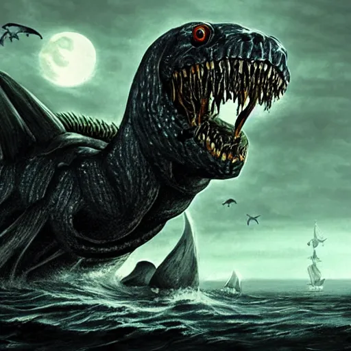 Image similar to Giant Sea Monster, gothic art, color, eerie, horror, scary, ominous, 8k, highly detailed