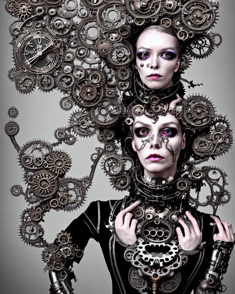 Image similar to highly detailed photo full body portrait of complex bio-mechanical beautiful young female demonic cyborg with a Mandelbrot fractal steampunk metal fine lace face, retrofuturistic depressing hopeless horrific vibe, radiating dark energy aura, curled silver hair and a fine metal floral foliage super big lace collar by Alexander McQueen:: high fashion, haute couture, rococo, steampunk, silver filigree details, anatomical, facial muscles, cable wires, microchip, elegant, hyper realistic, 150 mm lens, soft rim light, octane render, unreal engine, volumetric lighting, 8k, muted reflective metallic coloring, sharp focus