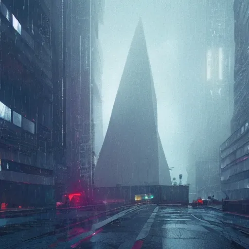 Image similar to gigantic shiny pyramid in the distance, brutalist, blade runner, sci fi, stunning detail, cityscape, cyberpunk, wet street, 8k, cinematic lighting, ultra realistic, colorful, neon, octane rendered,