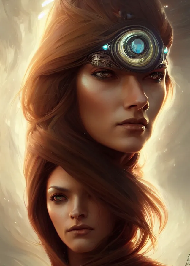 Image similar to futuristic woman portrait, sci-fi, amber eyes, face, long hair, fantasy, intricate, elegant, highly detailed, digital painting, artstation, concept art, smooth, sharp focus, illustration, art by artgerm and greg rutkowski and alphonse mucha