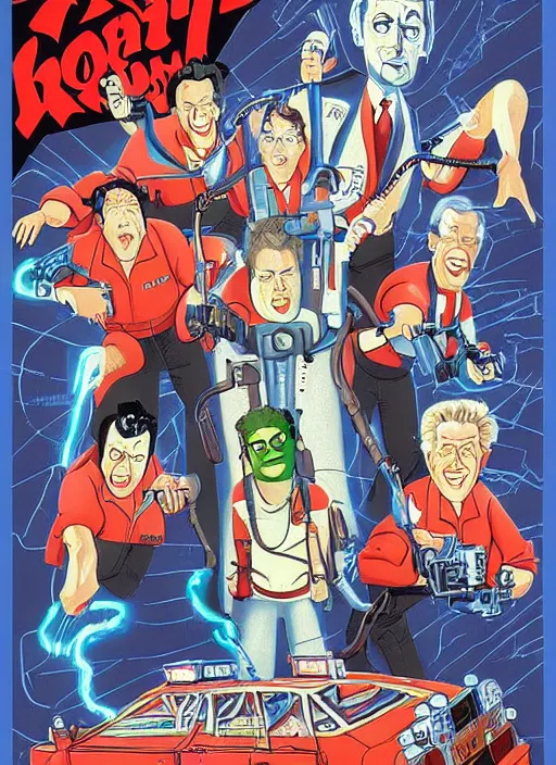 Image similar to a poster of the real ghostbusters ( 1 9 8 6 ) and david lynch, poster art by john carpenter, featured on deviantart, toyism, movie poster, concert poster, poster art, highly detailed