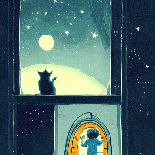 Prompt: A boy with his cat sitting in a window praying at the moon, concept art by Marc Simonetti and illustration by Maurice Sendak, Starry Night, depth of field, full moon halo, epic brushwork, painterly, cobbled streets, oil lamp posts, A boy with his cat sitting in a window praying at the moon, A boy with his cat sitting in a window praying at the moon