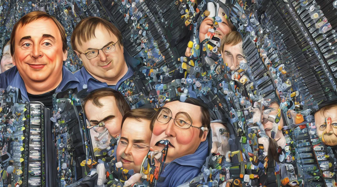 Image similar to Wallpaper of Linus Torvalds in a datacenter painted by fernando botero