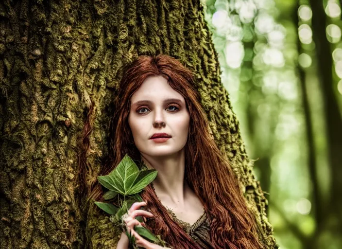 Image similar to a portrait of a real woman growing from a tree, in a magical forest. Fantasy magic horror style. Highly detailed 8k. Intricate. Nikon d850 55mm. Award winning photography.