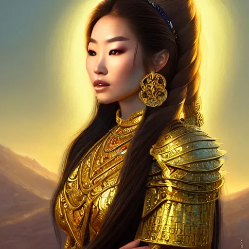 Prompt: beautiful closeup portrait of a gorgeous mongolian princess in a sensual pose covered with golden ornate armor, centered face, with full makeup, intricate, volumetric lighting, sharp focus, ultra detailed, artwork by bowater, charlie, brom, gerald, lake baikal in the background