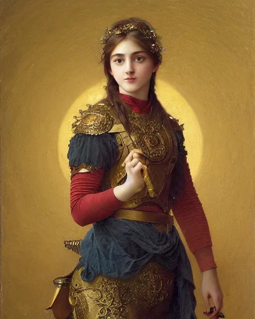 Image similar to a 16-year old girl who resembles Ana de Armas and Saoirse Ronan, dressed in ornate, detailed, intricate golden armor, detailed oil painting by William Adolphe Bouguereau