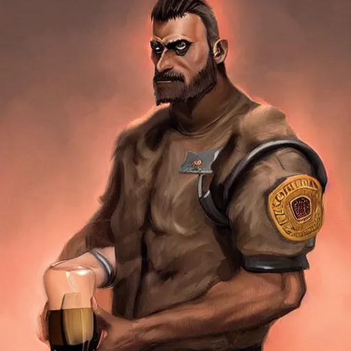 Image similar to a humanoid german shepherd beast - man in military style, holding a bottle of beer, artstation, concept art, smooth, sharp foccus ilustration, artstation