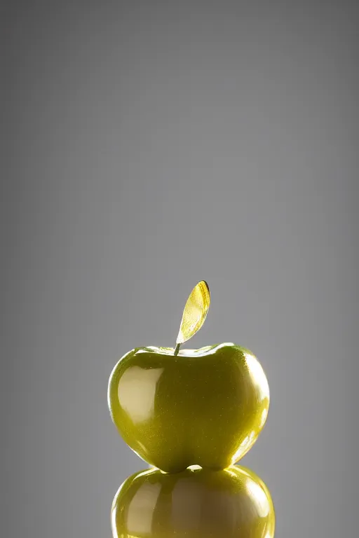 Prompt: Photo of a transparent glass sculpture of an apple with dripping gold paint, studio lighting, high resolution, award winning.