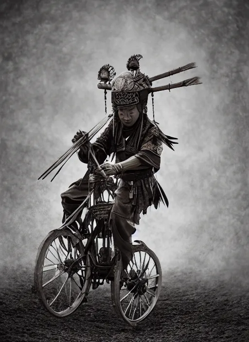 Prompt: old vintage photo of Chinese ancient warriors on the steam punk one wheels, extreme sports photography , dynamic photography, high speed,dirt and grawel flying in the spot, lens flares, dust in the air, moody lighting, intricate, elegant, highly detailed, centered, smooth, sharp focus, sports photography, old photo, black and white, sepia, cinematic lighting, cinematic angle, national geographic