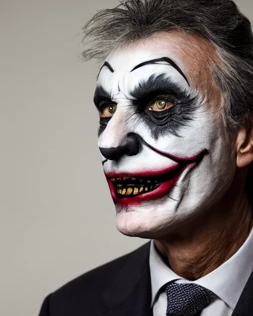 Prompt: Mauricio Macri in Elaborate Cat Makeup and prosthetics designed by Rick Baker, Hyperreal, Head Shots Photographed in the Style of Annie Leibovitz, Studio Lighting, Mauricio Macri as the Joker